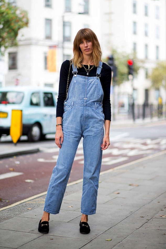 Le Fashion Blog London Street Style Veronika Heilbrunner Bangs Denim Overalls Suede Gucci Loafers Via Harpers Bazaar