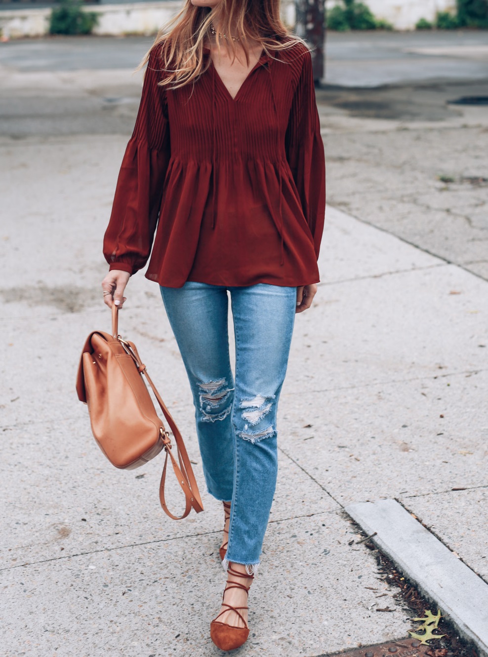 Fall color trend potters clay bell sleeve blouse raw hem jeans lace up flats Prosecco Plaid
