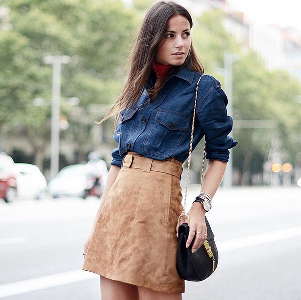 chambray denim shirt suede skirt fall classic 70s trend via zinafashionvibe instagram