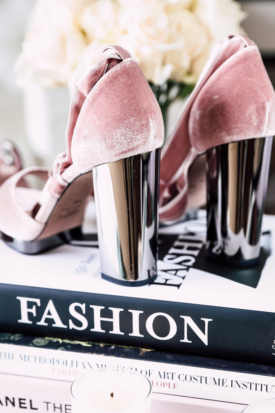 pink velvet and silver heels